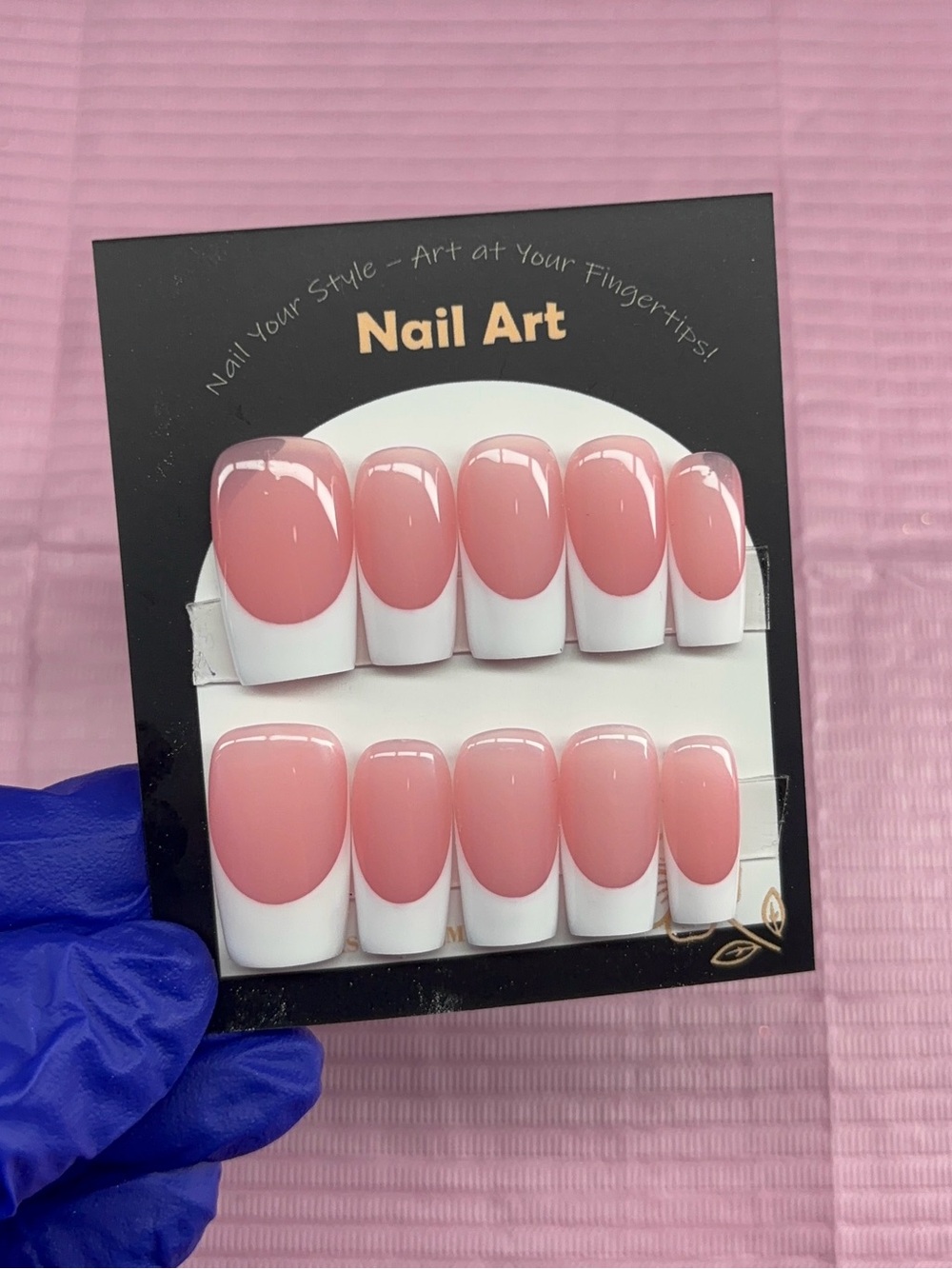 Medium square press on nails nude base white French tips handmade custom